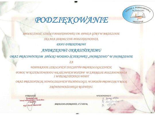 Podziękowania dla Spółki Wodno-ściekowej Swarzewo