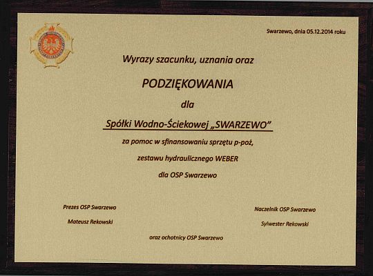 Podziękowania dla Spółki Wodno-ściekowej Swarzewo